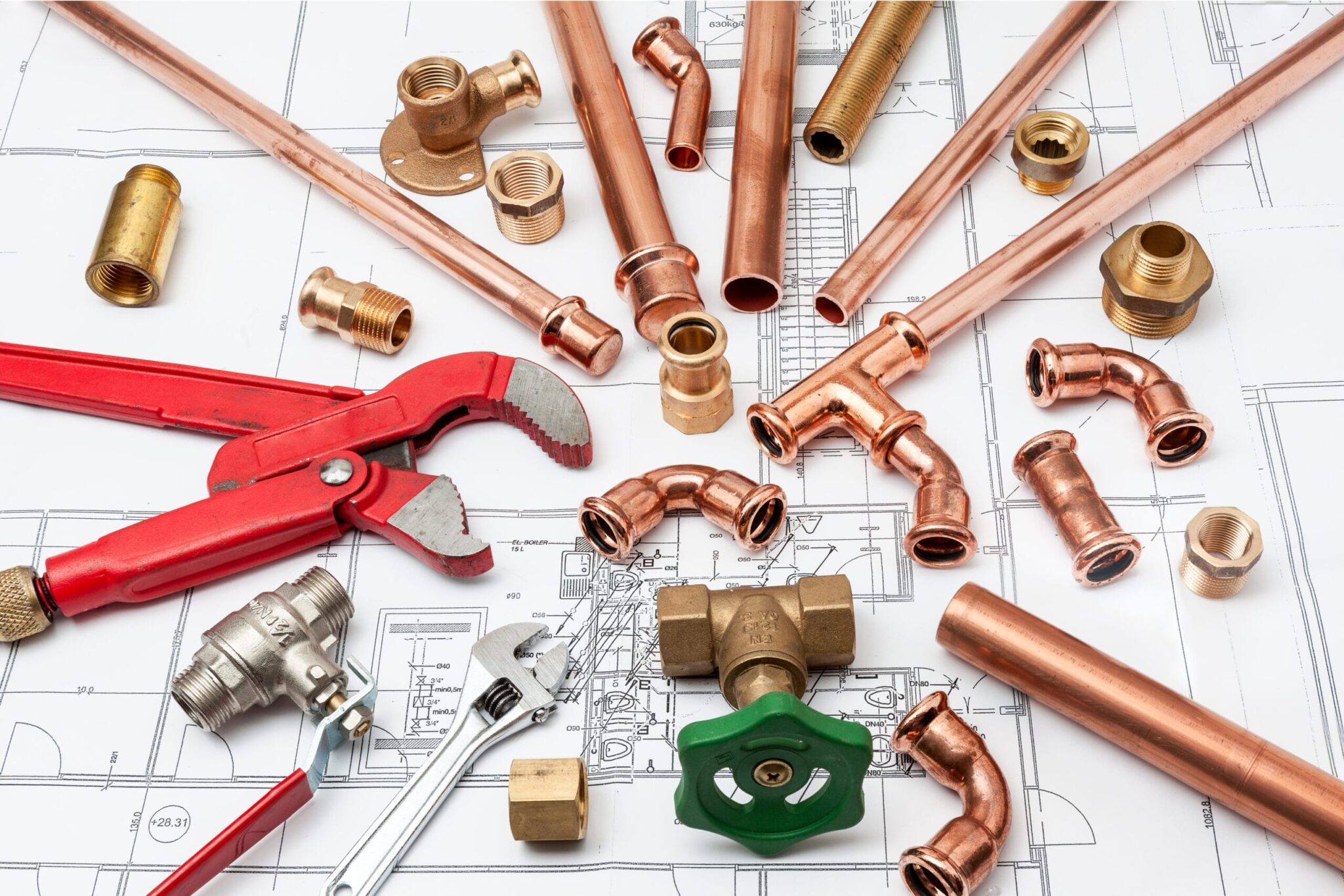 Copper pipes, fittings, valves, and plumbing tools in Union City