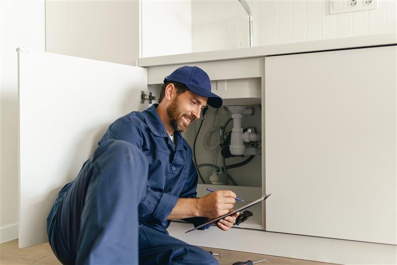 Residential plumber reviewing plumbing repairs in a Union City kitchen