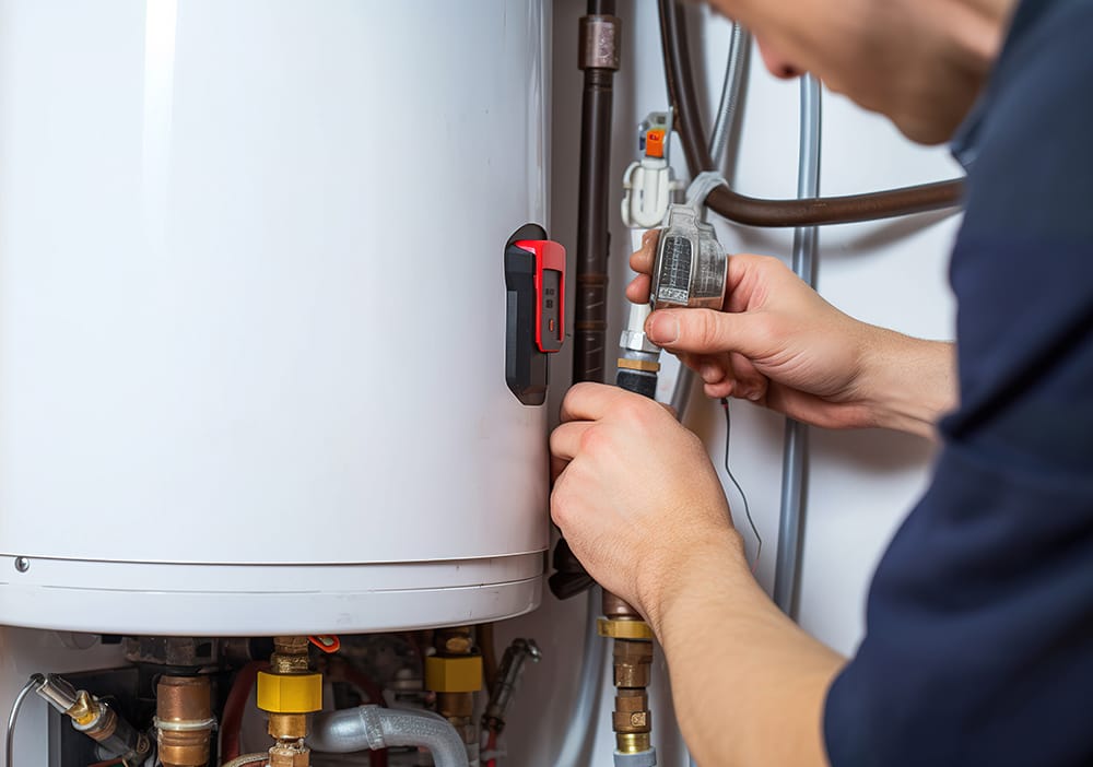 Technician repairing pipes connected to a water heater in Union City